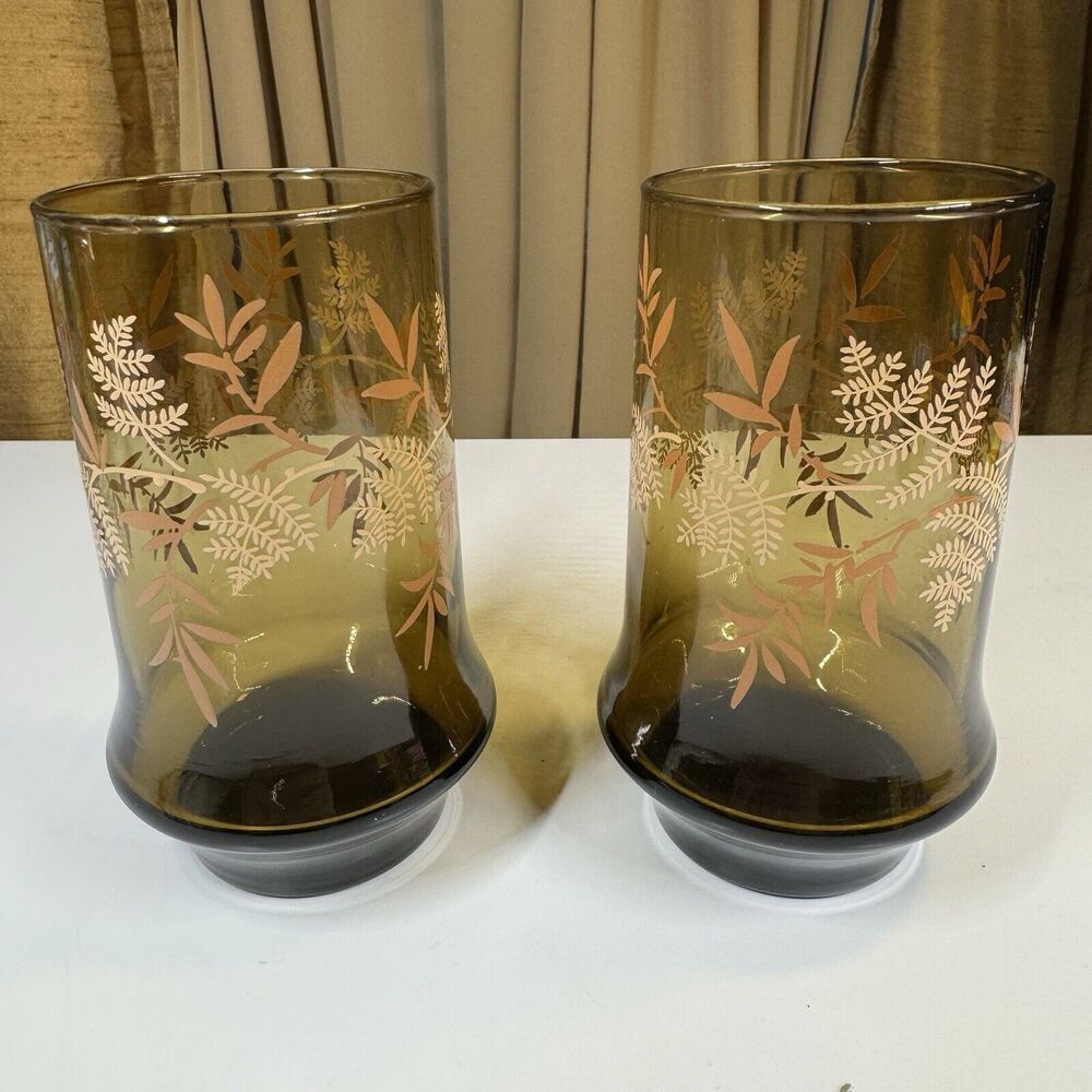 Vintage 70s Set Of 2 Libbey Tinted Amber Glasses With Fern Pattern 16oz EUC